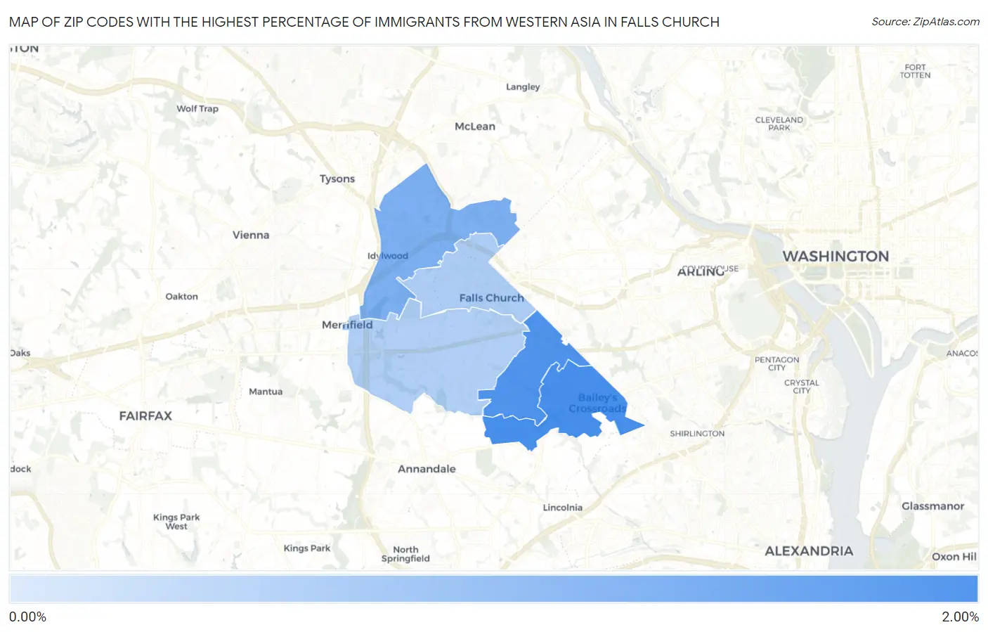 Zip Codes with the Highest Percentage of Immigrants from Western Asia in Falls Church Map