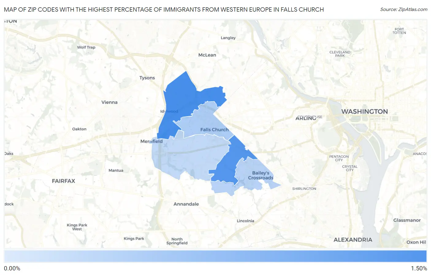 Zip Codes with the Highest Percentage of Immigrants from Western Europe in Falls Church Map