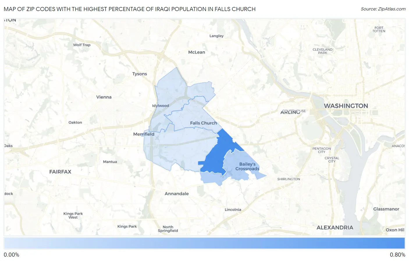 Zip Codes with the Highest Percentage of Iraqi Population in Falls Church Map