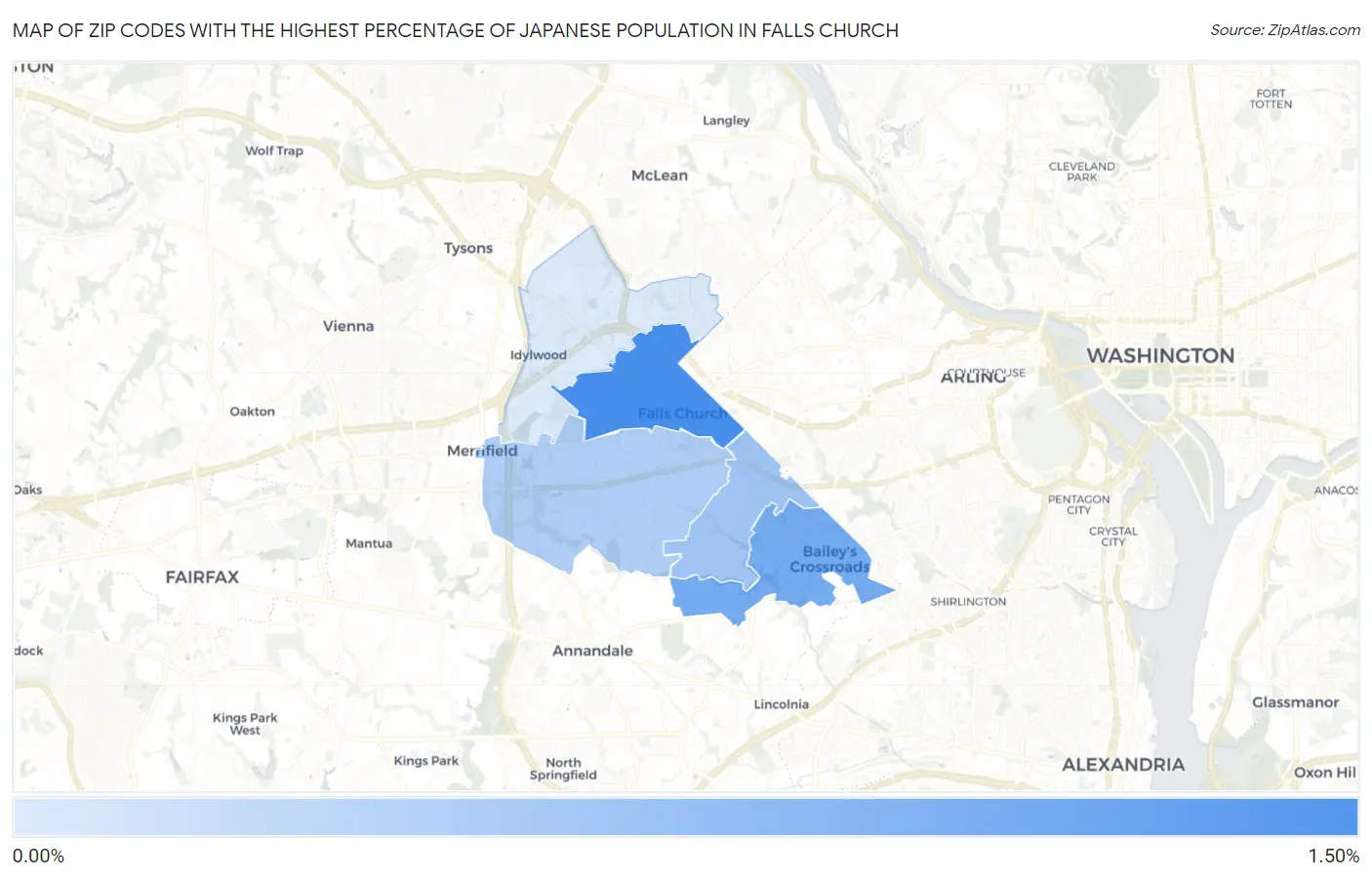 Zip Codes with the Highest Percentage of Japanese Population in Falls Church Map