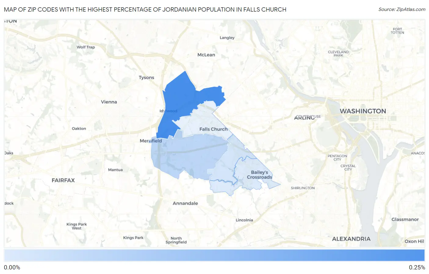 Zip Codes with the Highest Percentage of Jordanian Population in Falls Church Map