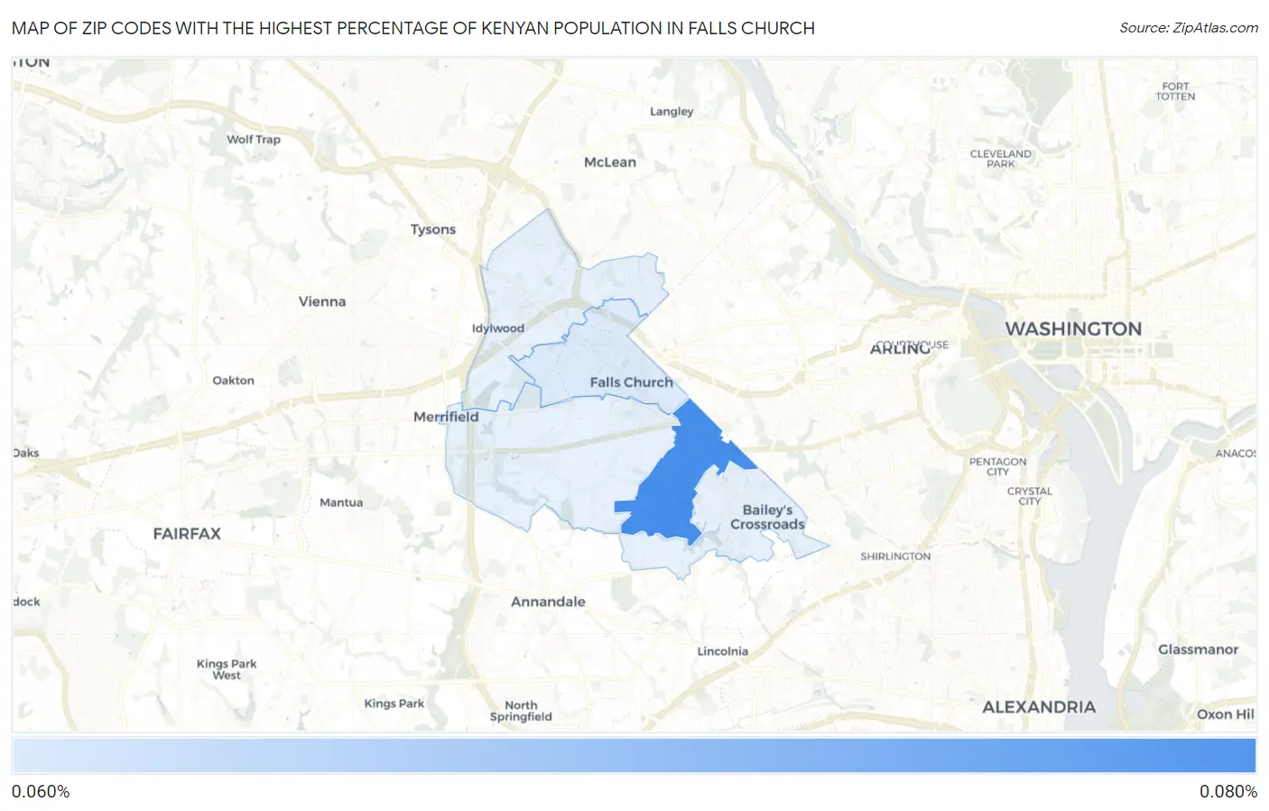Zip Codes with the Highest Percentage of Kenyan Population in Falls Church Map