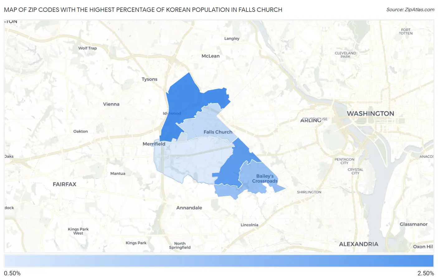 Zip Codes with the Highest Percentage of Korean Population in Falls Church Map