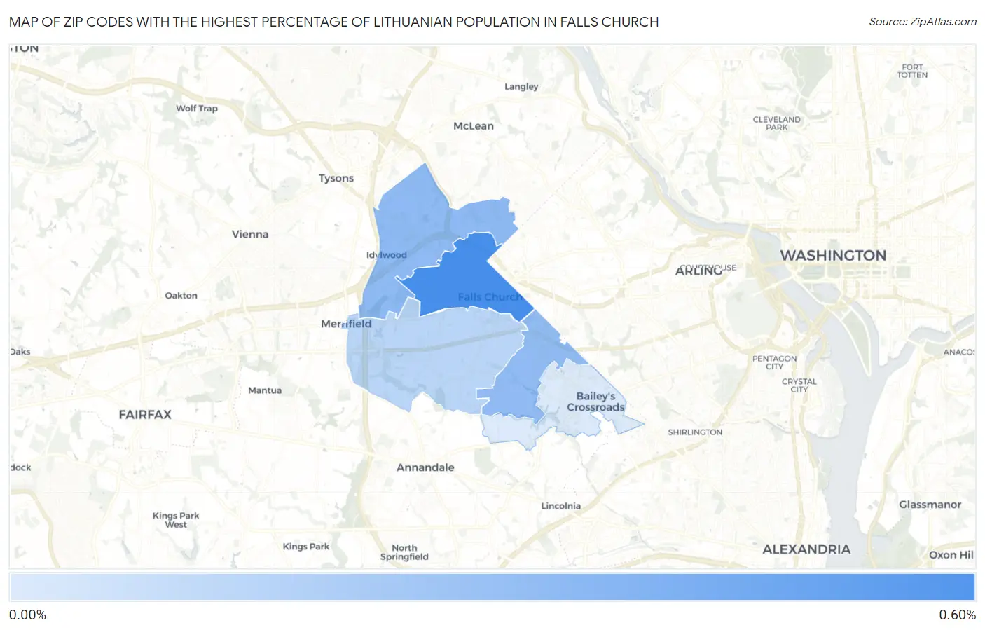 Zip Codes with the Highest Percentage of Lithuanian Population in Falls Church Map