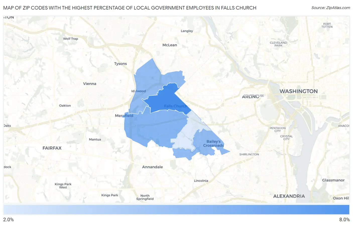 Zip Codes with the Highest Percentage of Local Government Employees in Falls Church Map
