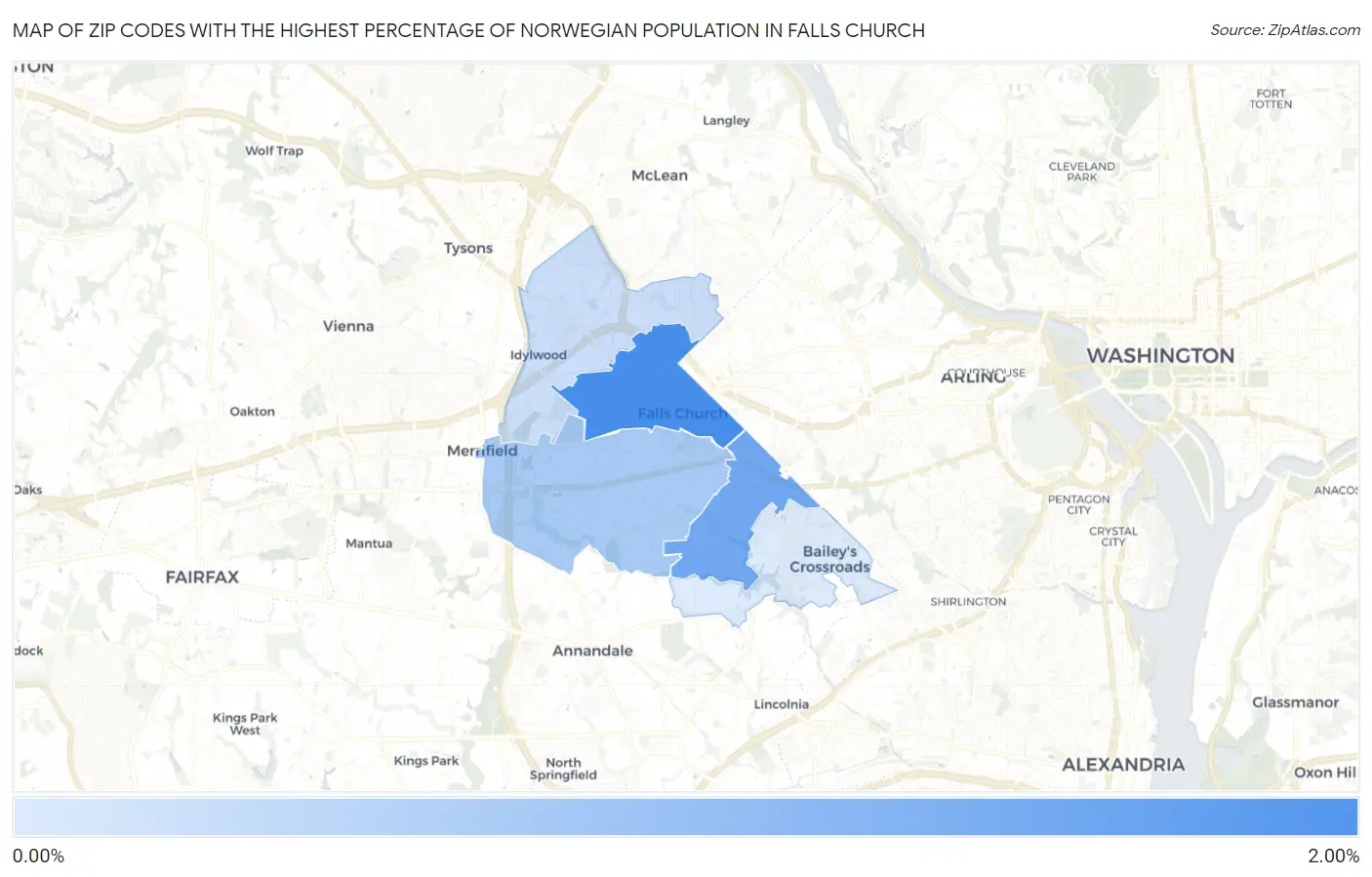 Zip Codes with the Highest Percentage of Norwegian Population in Falls Church Map