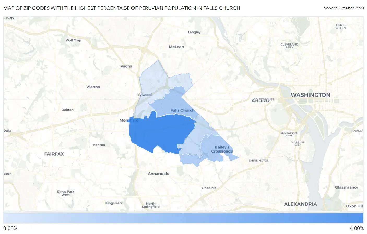 Zip Codes with the Highest Percentage of Peruvian Population in Falls Church Map