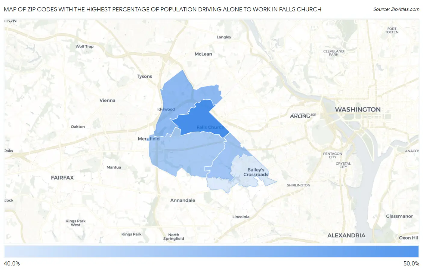 Zip Codes with the Highest Percentage of Population Driving Alone to Work in Falls Church Map