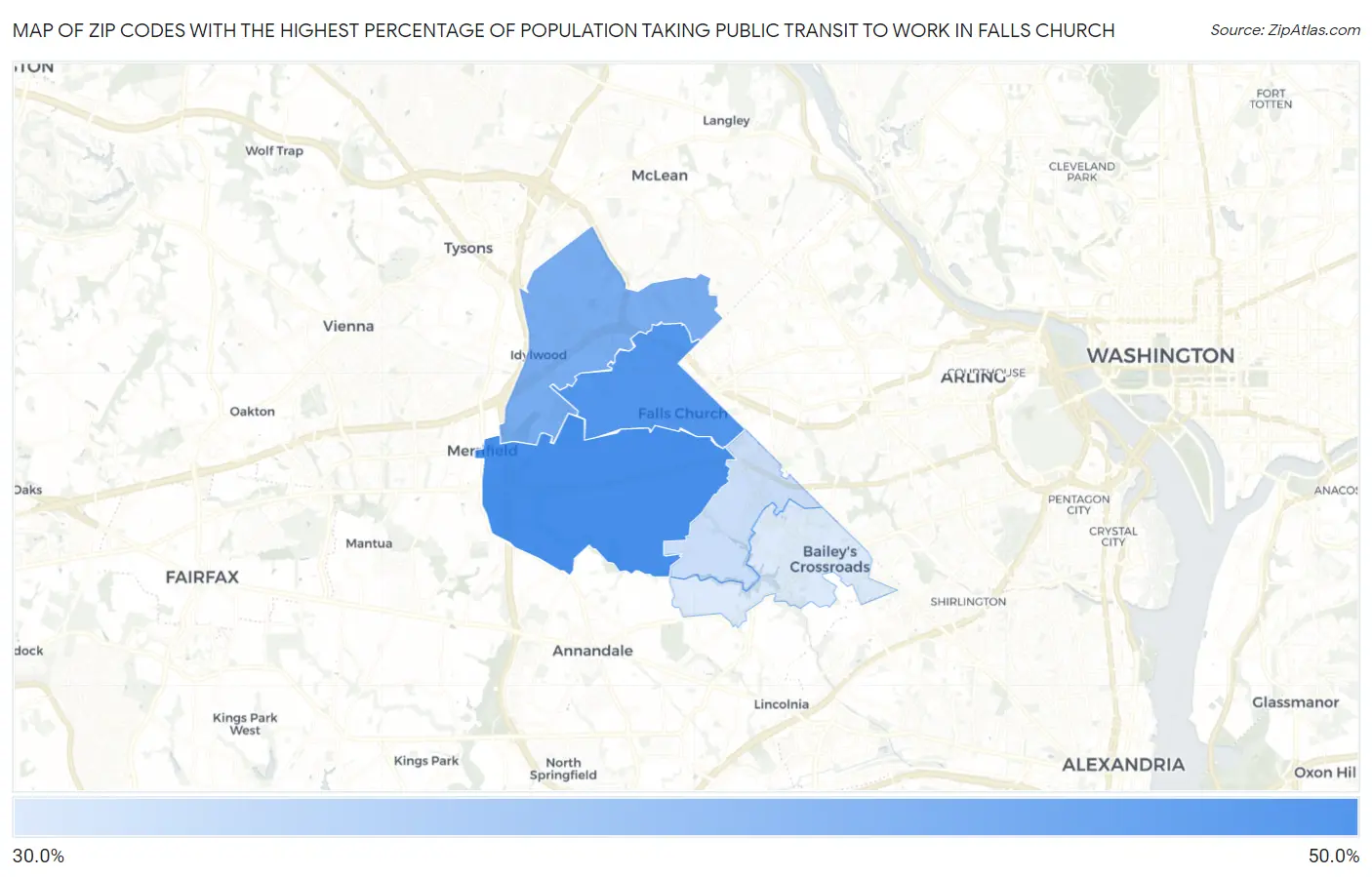 Zip Codes with the Highest Percentage of Population Taking Public Transit to Work in Falls Church Map