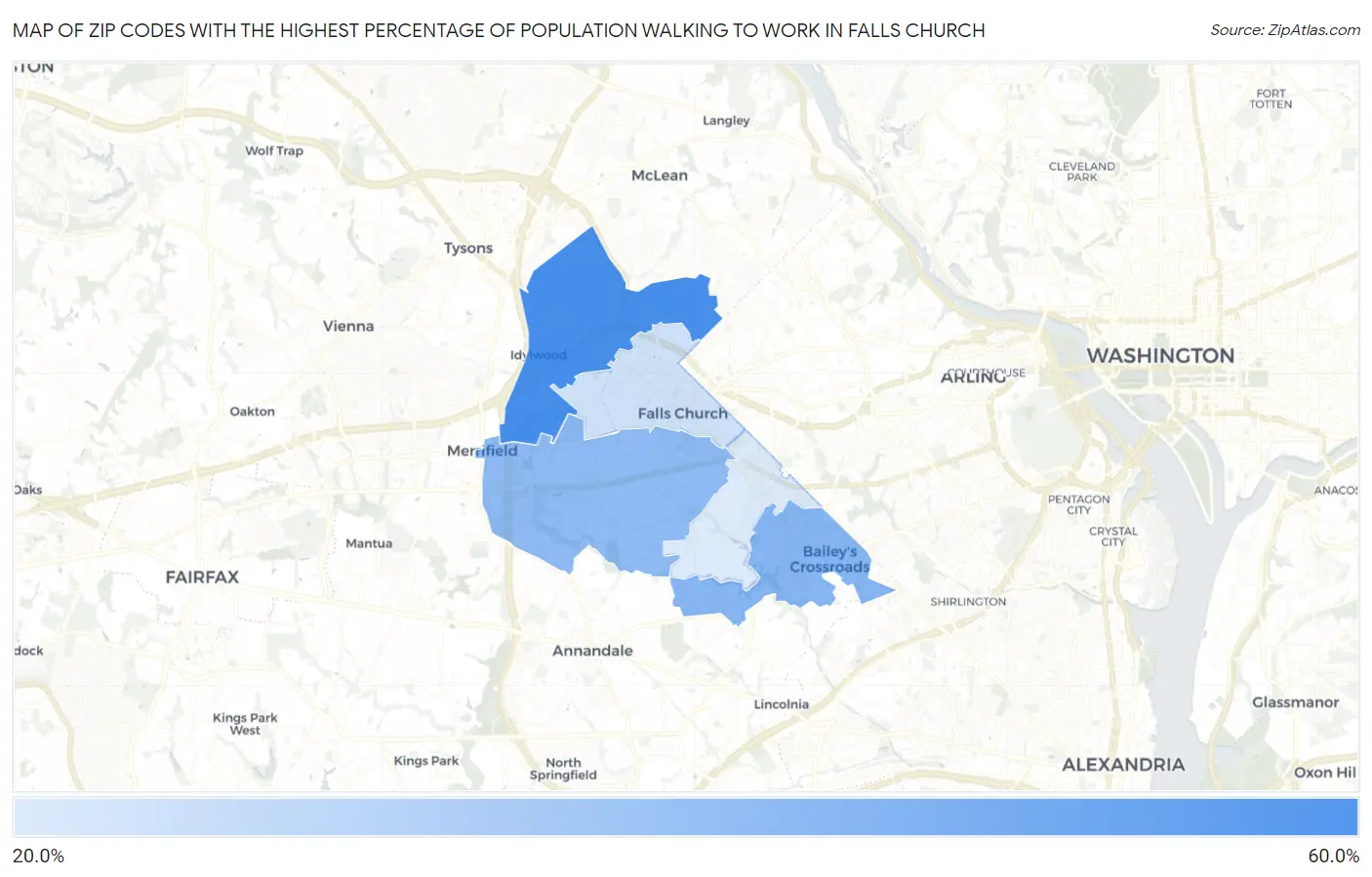 Zip Codes with the Highest Percentage of Population Walking to Work in Falls Church Map