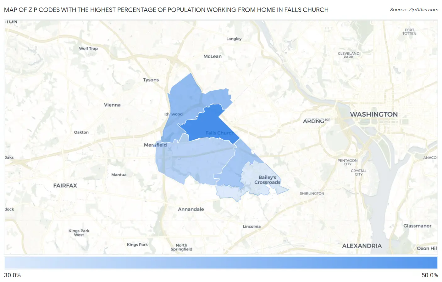 Zip Codes with the Highest Percentage of Population Working from Home in Falls Church Map