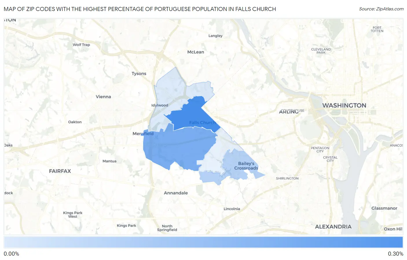 Zip Codes with the Highest Percentage of Portuguese Population in Falls Church Map