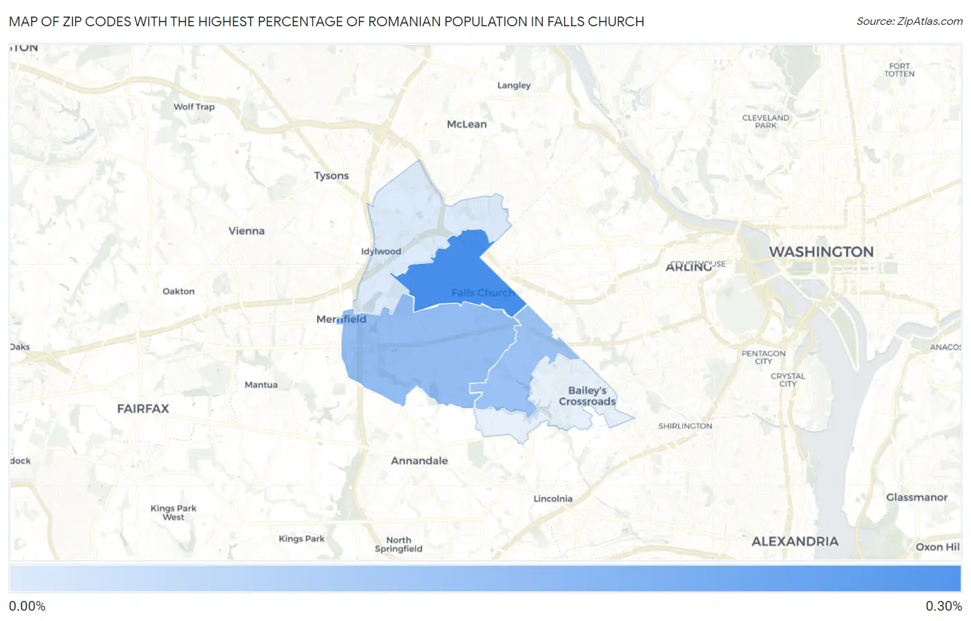 Zip Codes with the Highest Percentage of Romanian Population in Falls Church Map