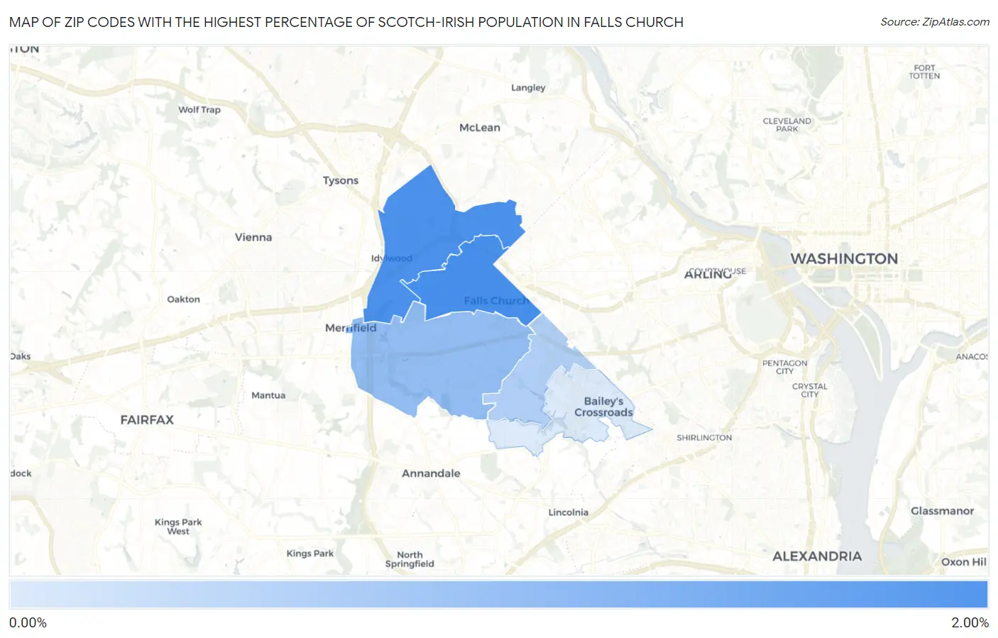 Zip Codes with the Highest Percentage of Scotch-Irish Population in Falls Church Map