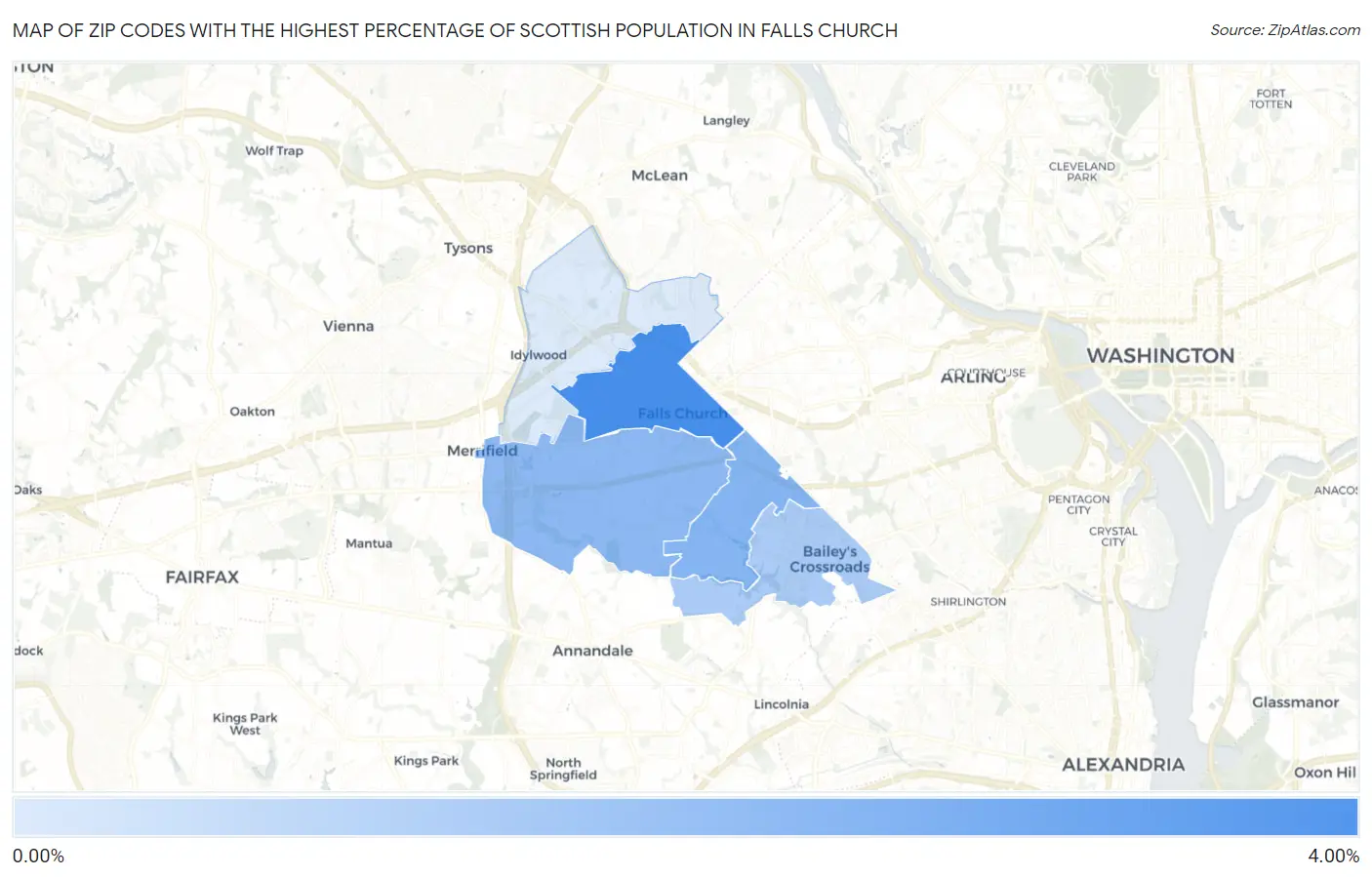 Zip Codes with the Highest Percentage of Scottish Population in Falls Church Map