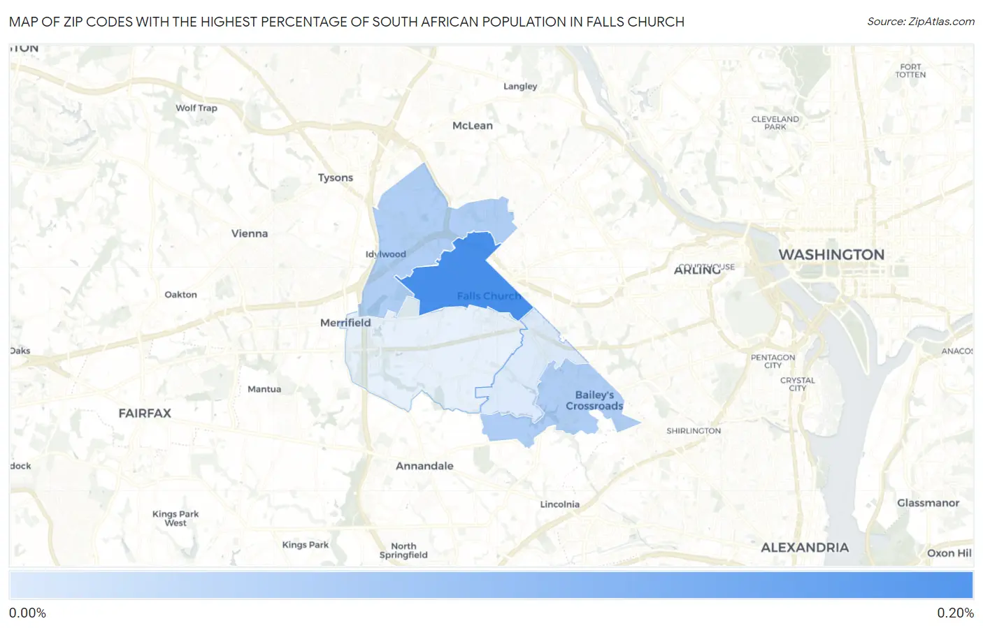 Zip Codes with the Highest Percentage of South African Population in Falls Church Map