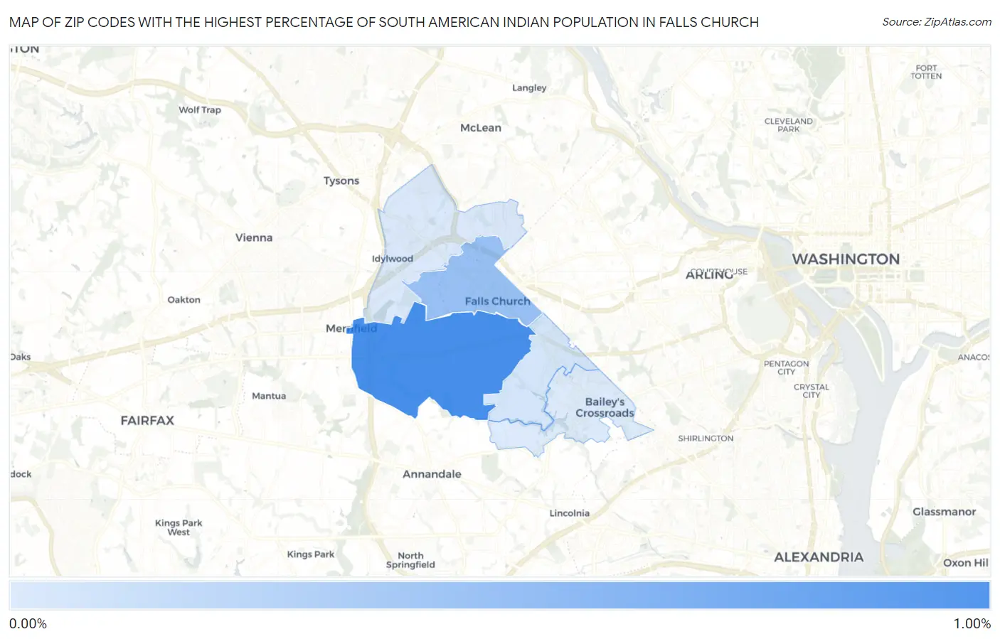 Zip Codes with the Highest Percentage of South American Indian Population in Falls Church Map