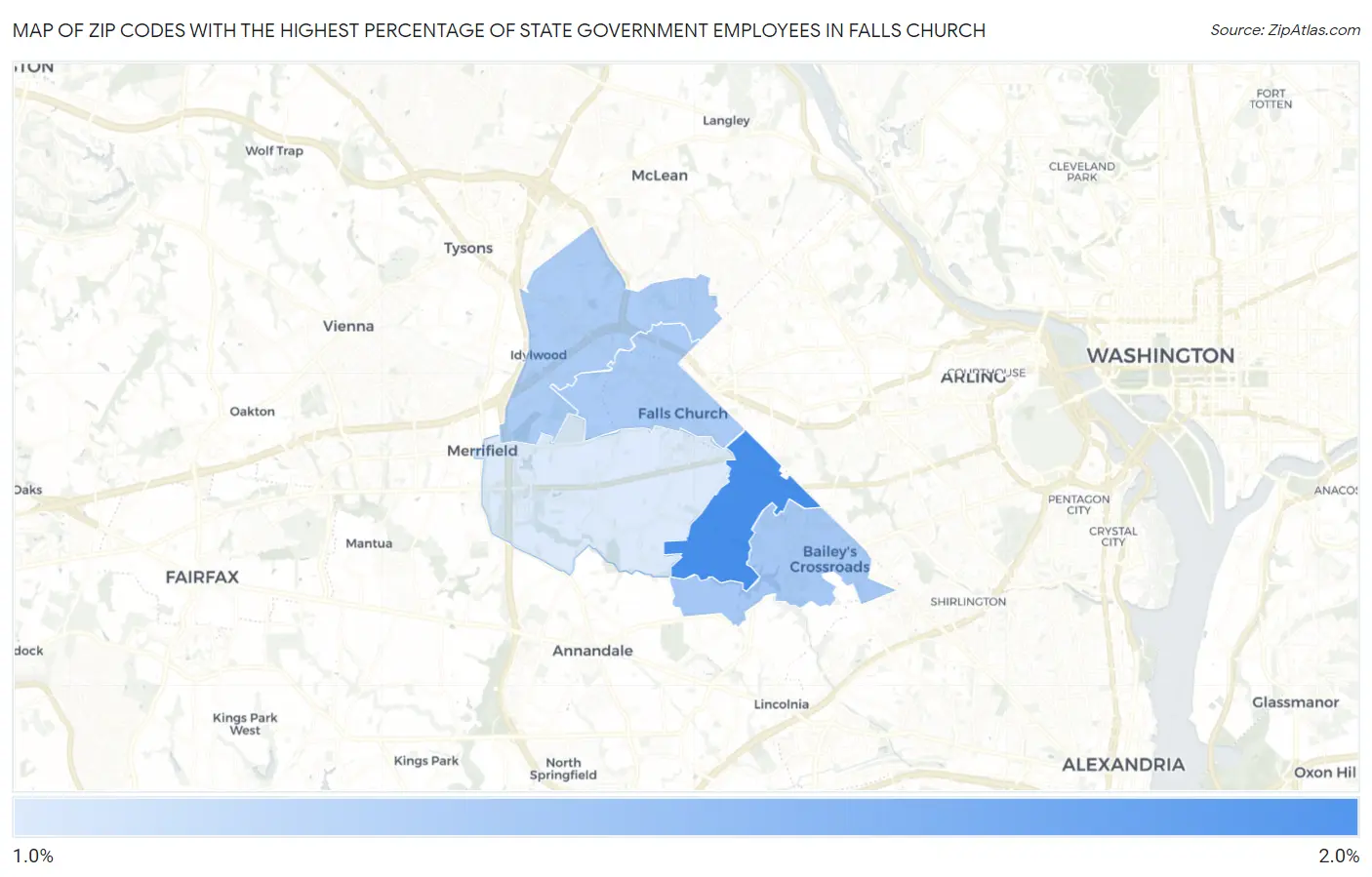 Zip Codes with the Highest Percentage of State Government Employees in Falls Church Map