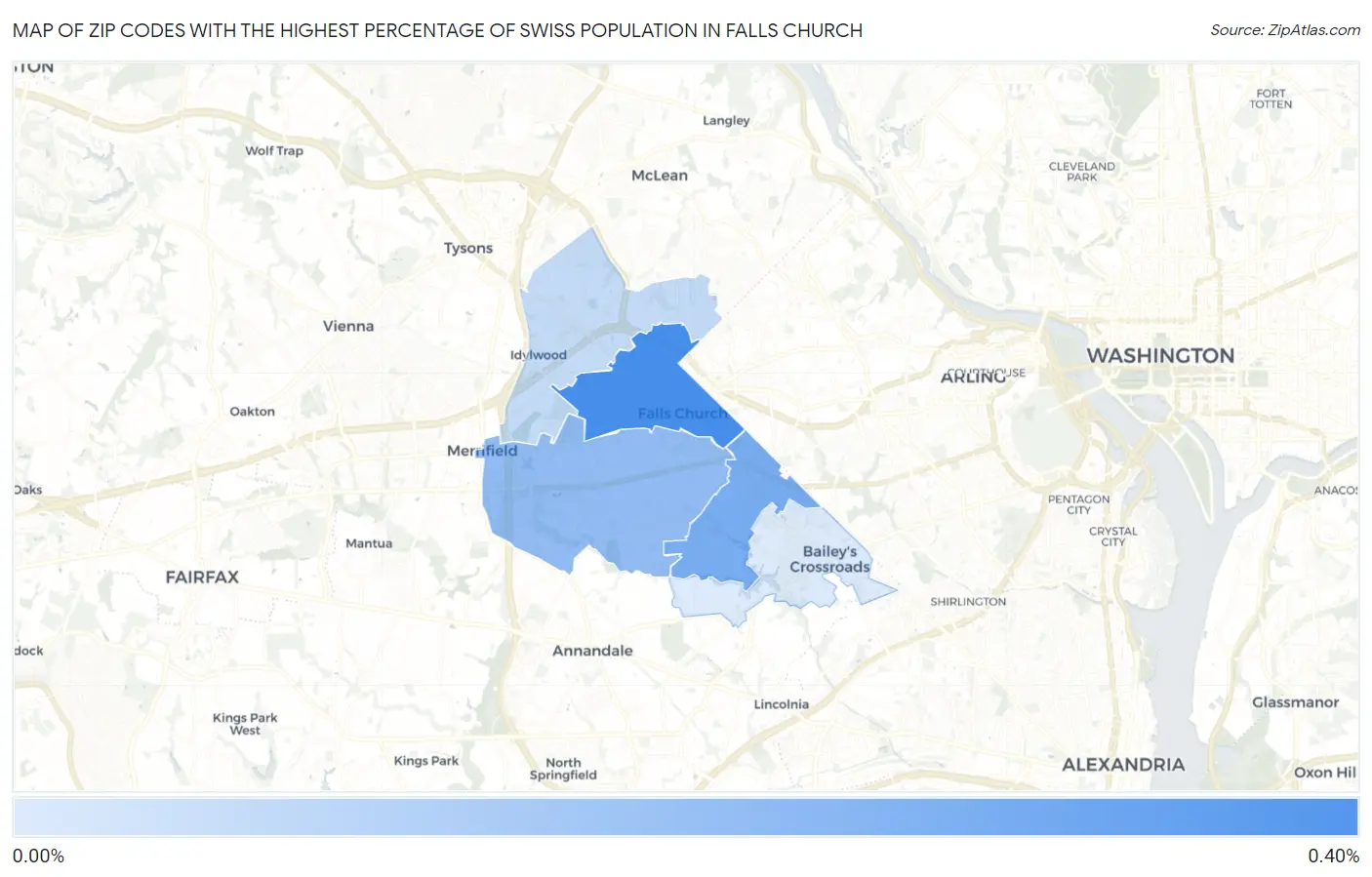 Zip Codes with the Highest Percentage of Swiss Population in Falls Church Map