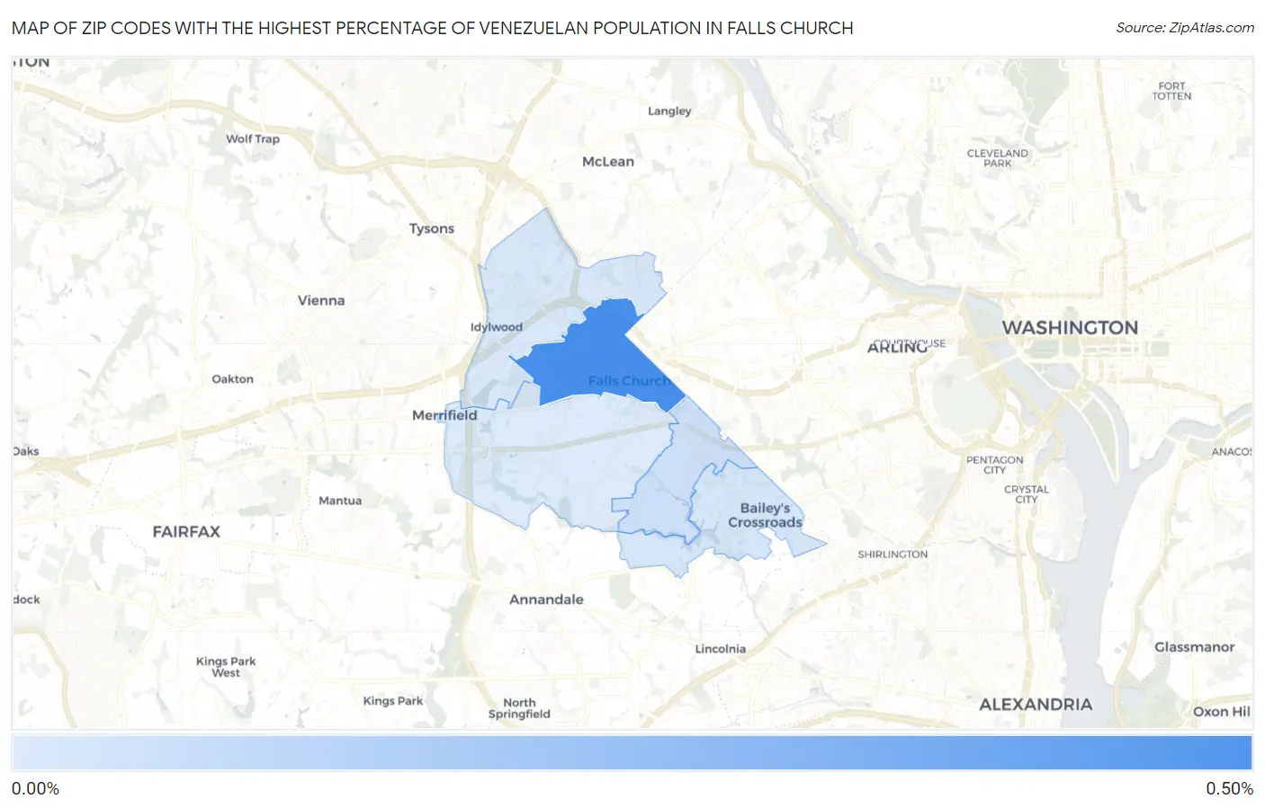 Zip Codes with the Highest Percentage of Venezuelan Population in Falls Church Map