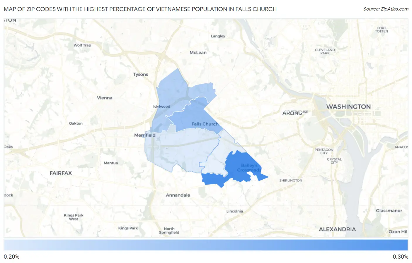 Zip Codes with the Highest Percentage of Vietnamese Population in Falls Church Map