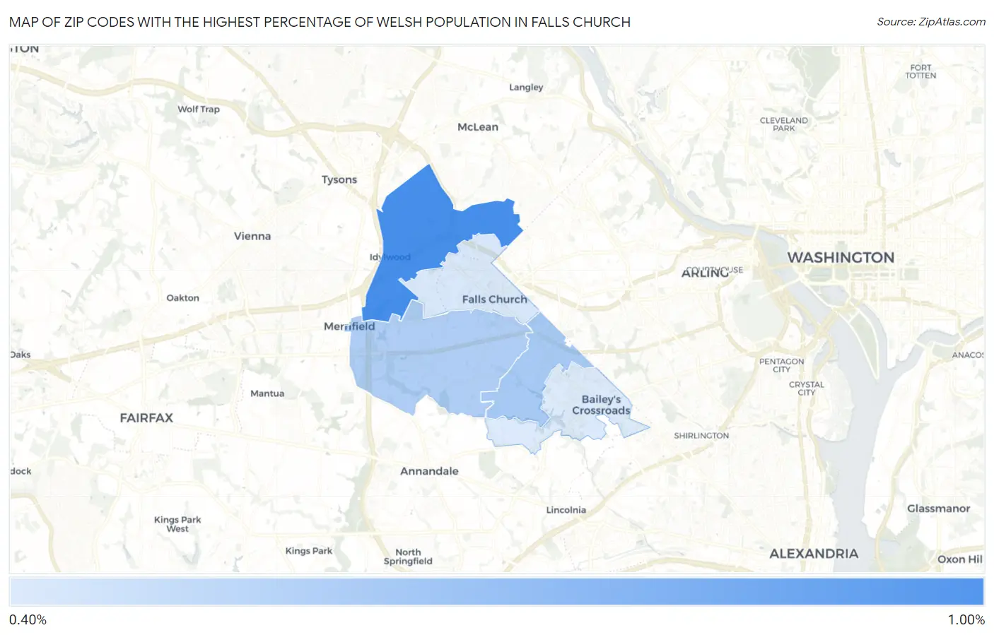 Zip Codes with the Highest Percentage of Welsh Population in Falls Church Map
