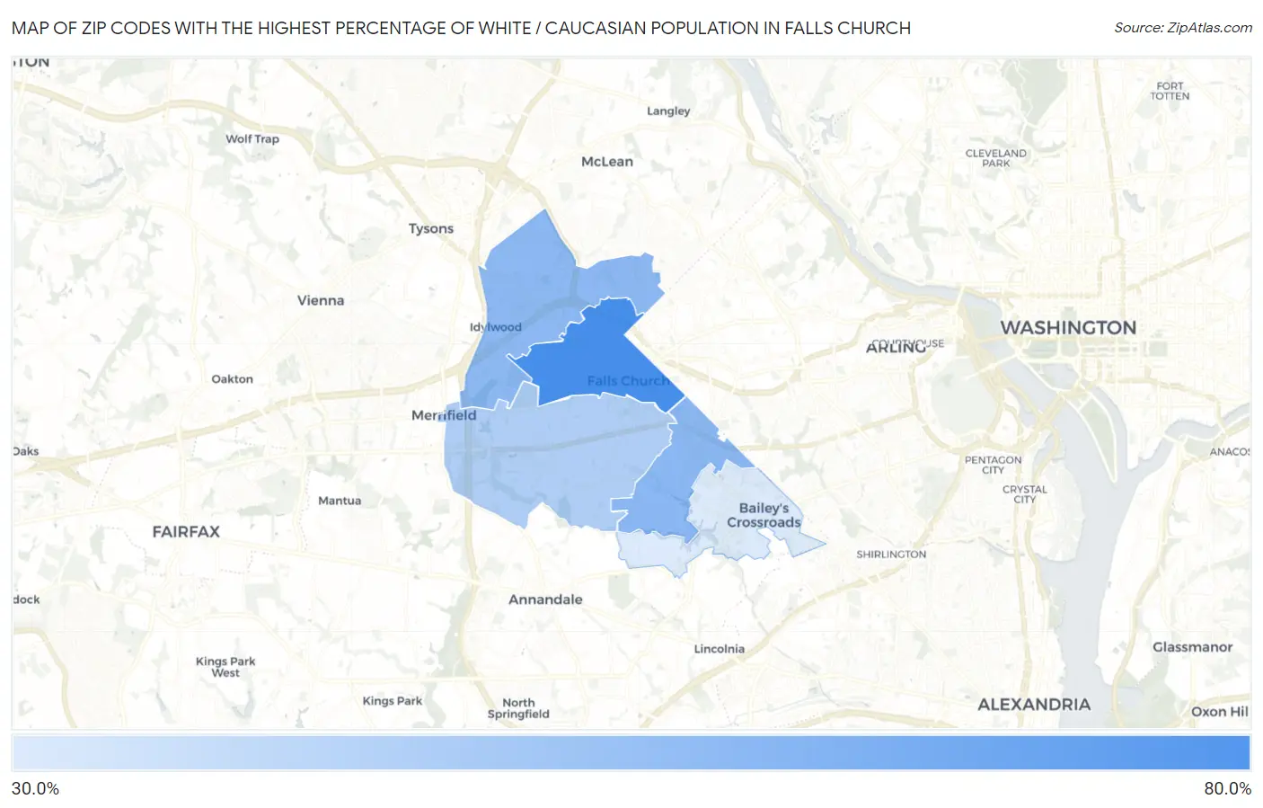 Zip Codes with the Highest Percentage of White / Caucasian Population in Falls Church Map
