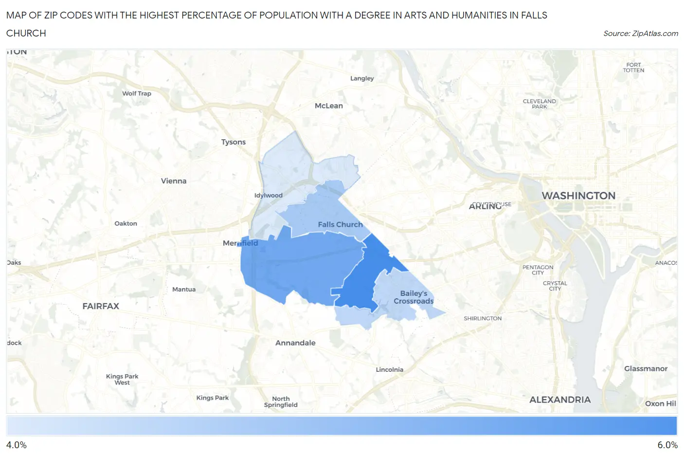 Zip Codes with the Highest Percentage of Population with a Degree in Arts and Humanities in Falls Church Map