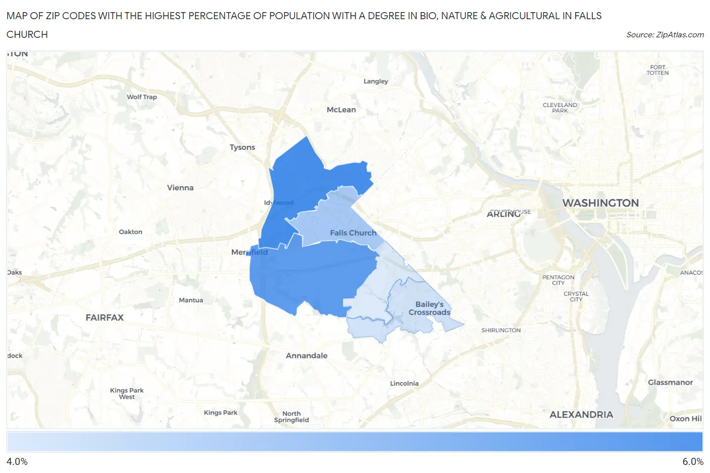 Zip Codes with the Highest Percentage of Population with a Degree in Bio, Nature & Agricultural in Falls Church Map