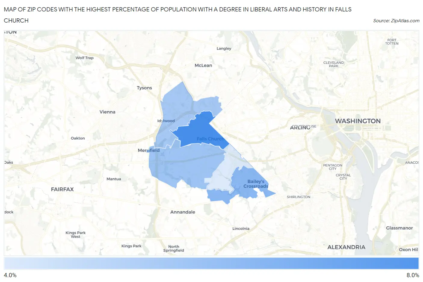 Zip Codes with the Highest Percentage of Population with a Degree in Liberal Arts and History in Falls Church Map