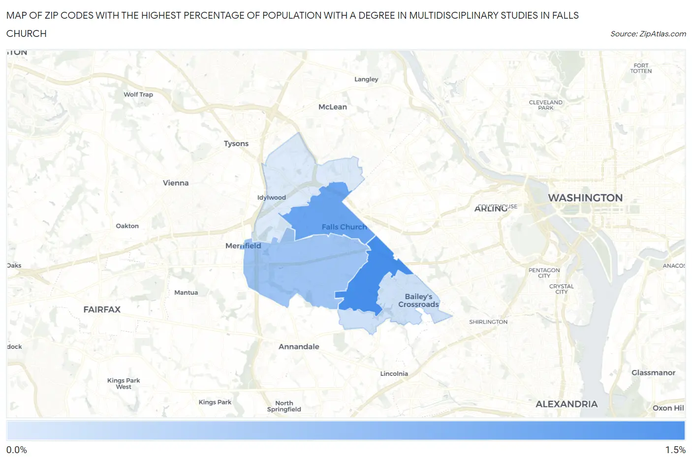 Zip Codes with the Highest Percentage of Population with a Degree in Multidisciplinary Studies in Falls Church Map