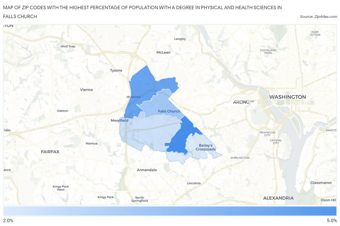 Zip Codes with the Highest Percentage of Population with a Degree in Physical and Health Sciences in Falls Church Map