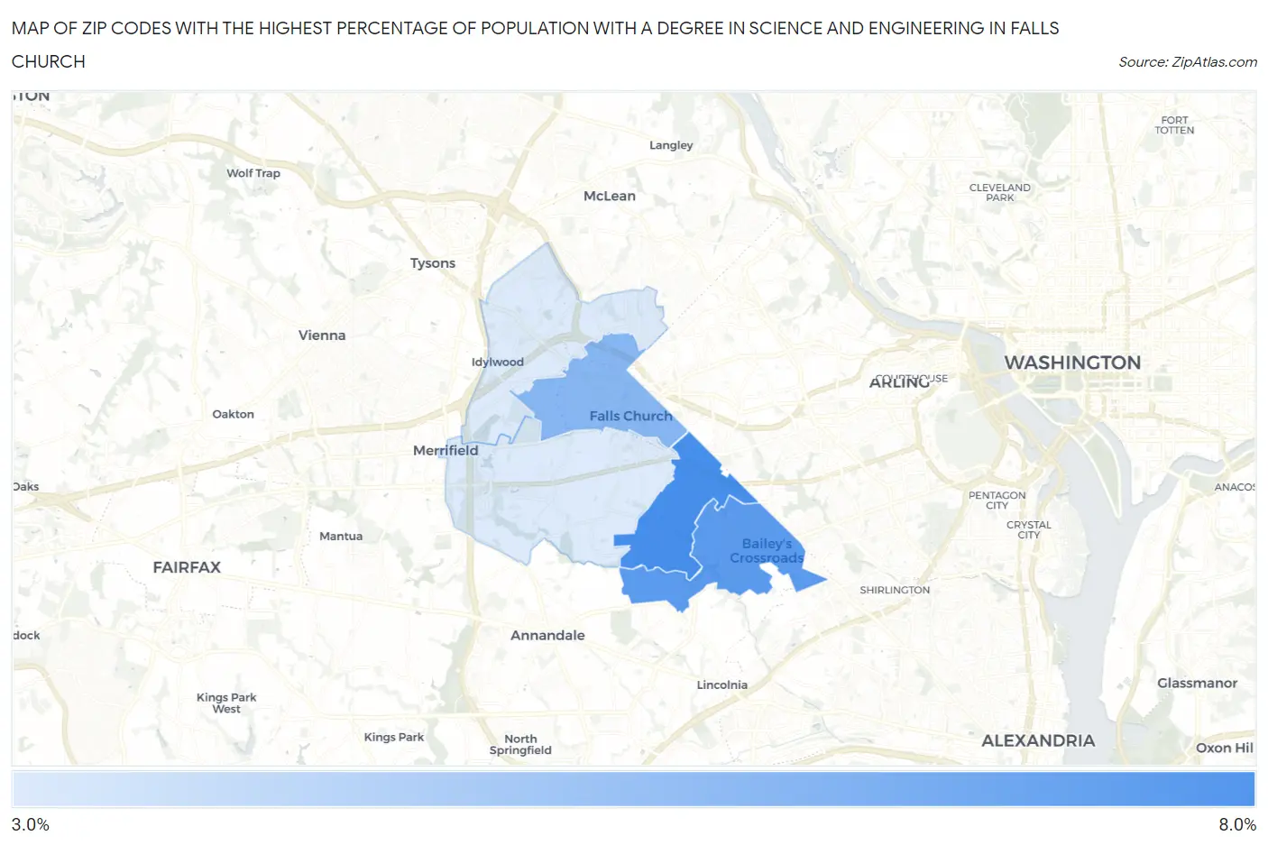 Zip Codes with the Highest Percentage of Population with a Degree in Science and Engineering in Falls Church Map