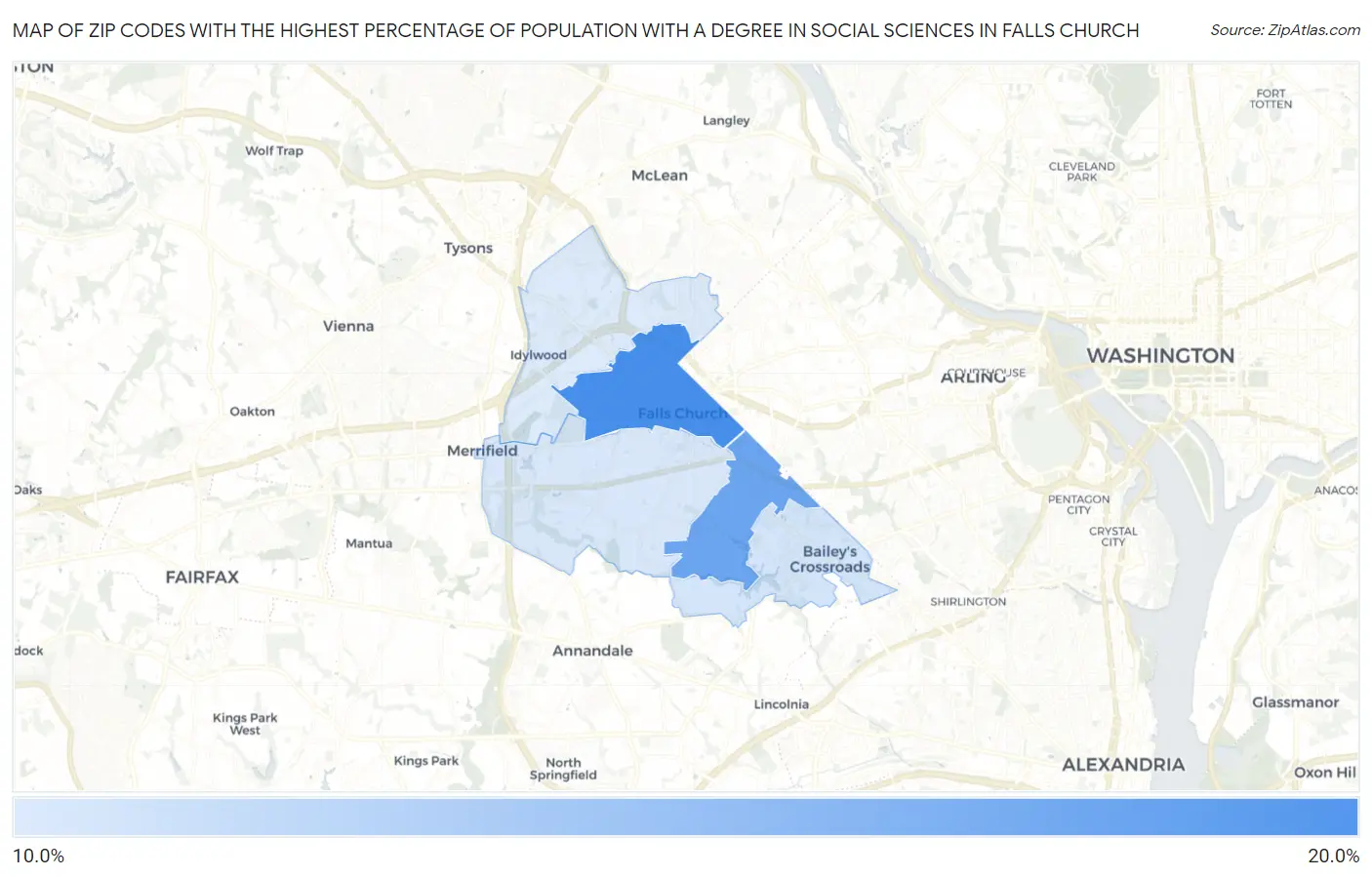 Zip Codes with the Highest Percentage of Population with a Degree in Social Sciences in Falls Church Map