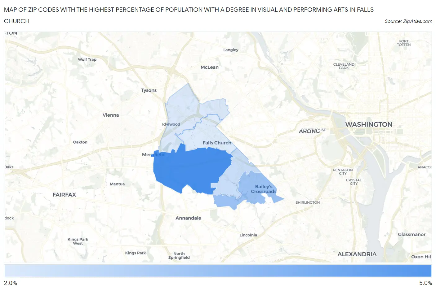 Zip Codes with the Highest Percentage of Population with a Degree in Visual and Performing Arts in Falls Church Map