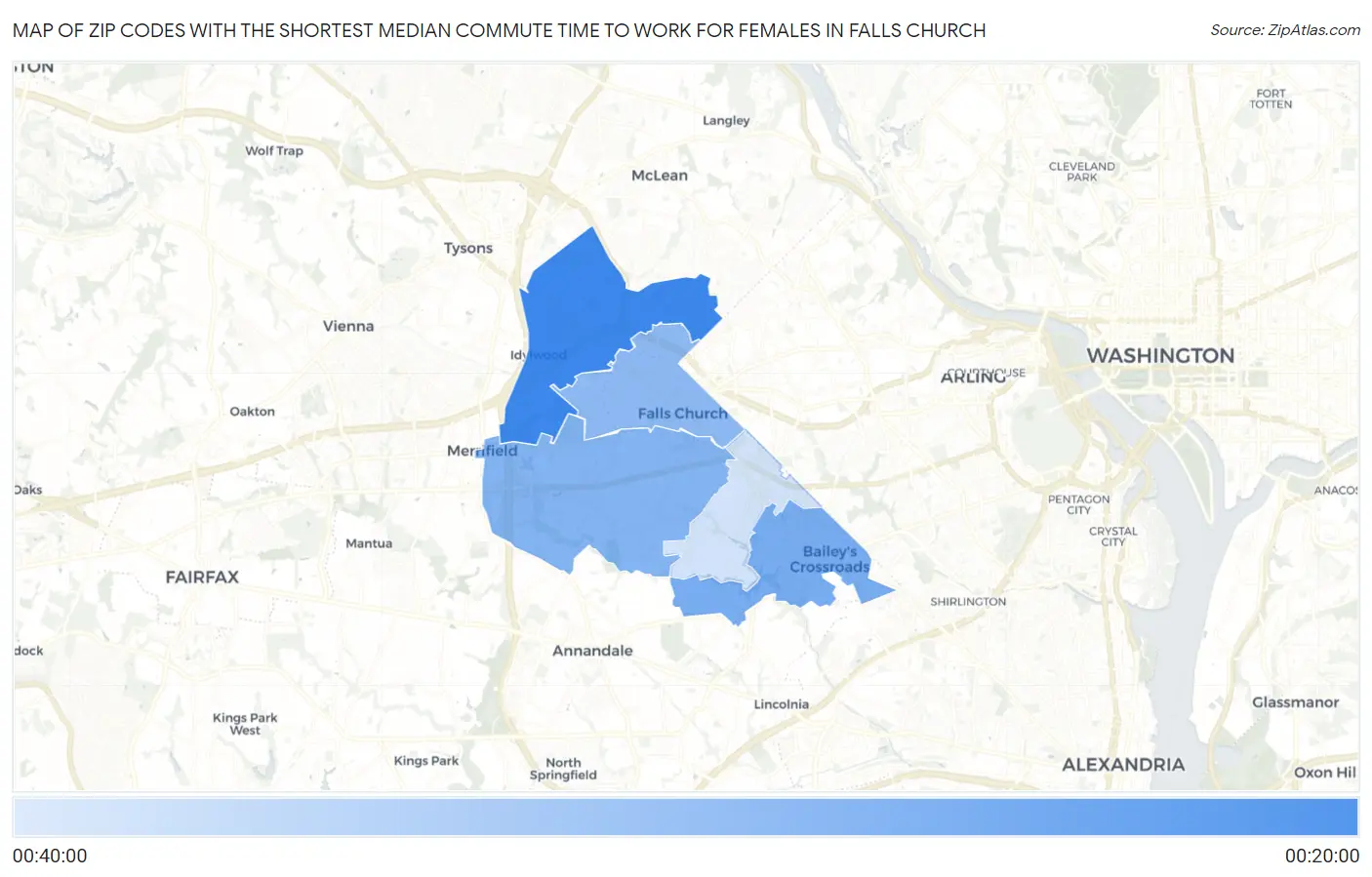 Zip Codes with the Shortest Median Commute Time to Work for Females in Falls Church Map