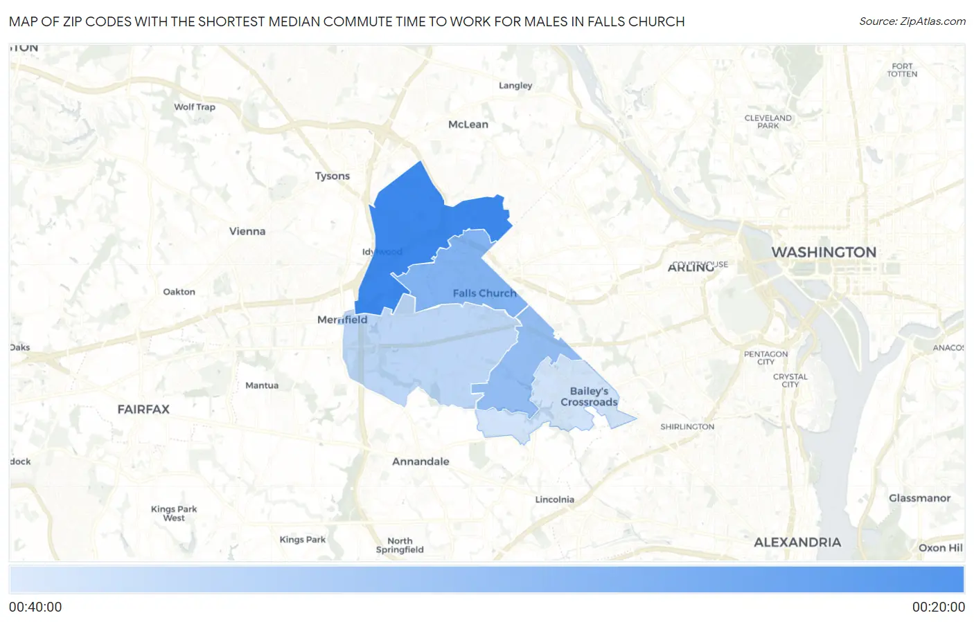 Zip Codes with the Shortest Median Commute Time to Work for Males in Falls Church Map
