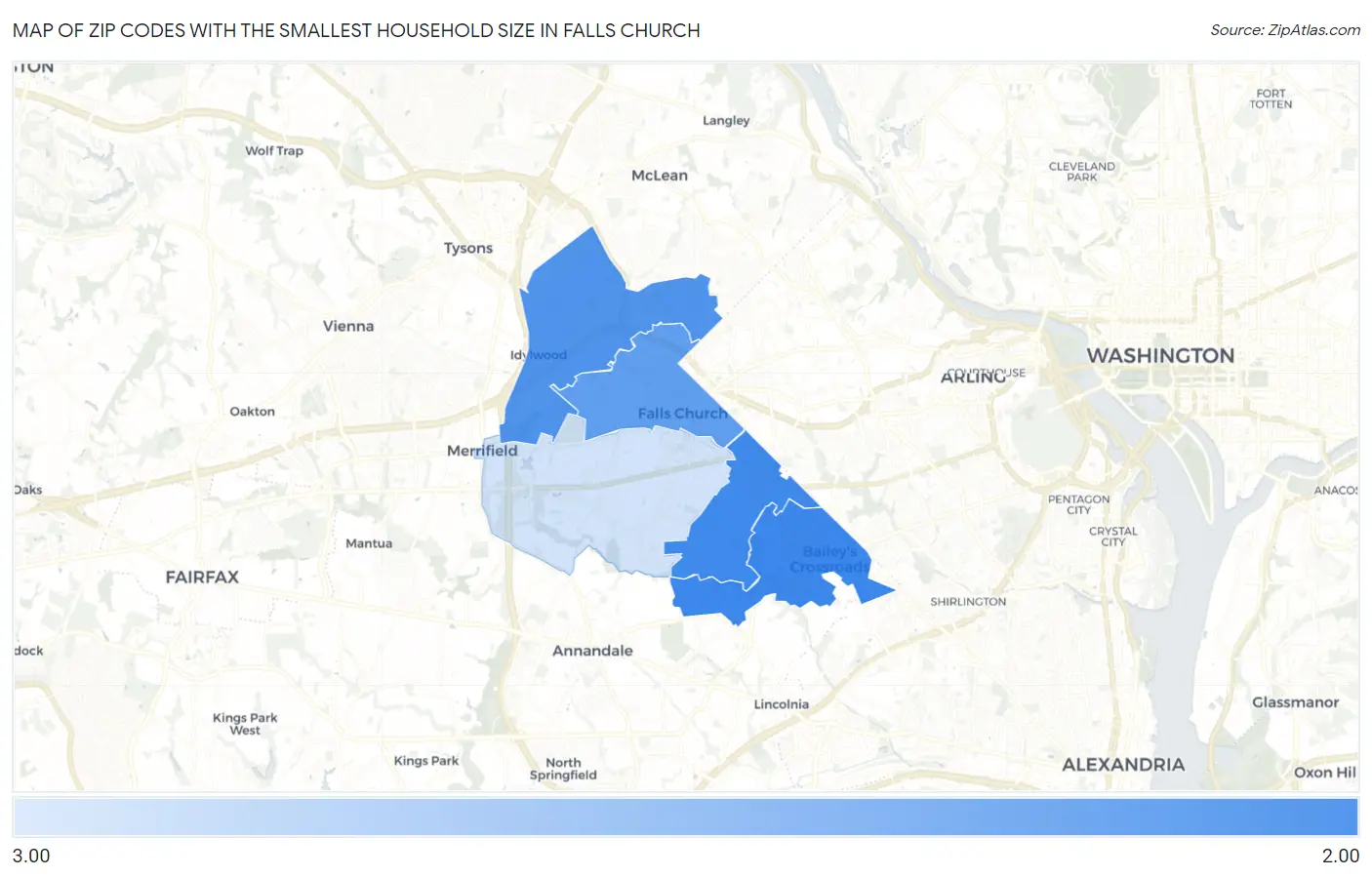 Zip Codes with the Smallest Household Size in Falls Church Map