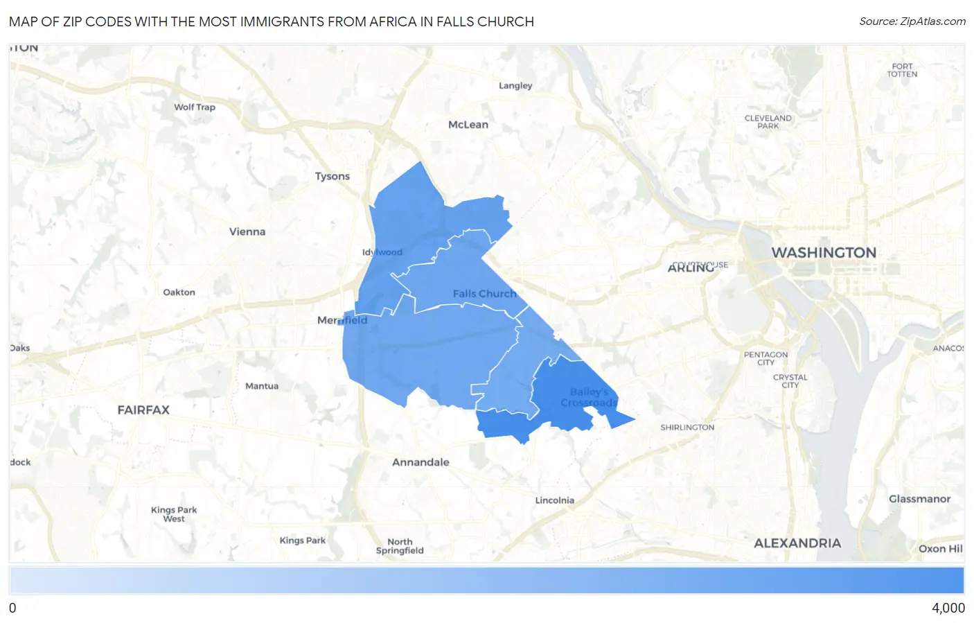 Zip Codes with the Most Immigrants from Africa in Falls Church Map