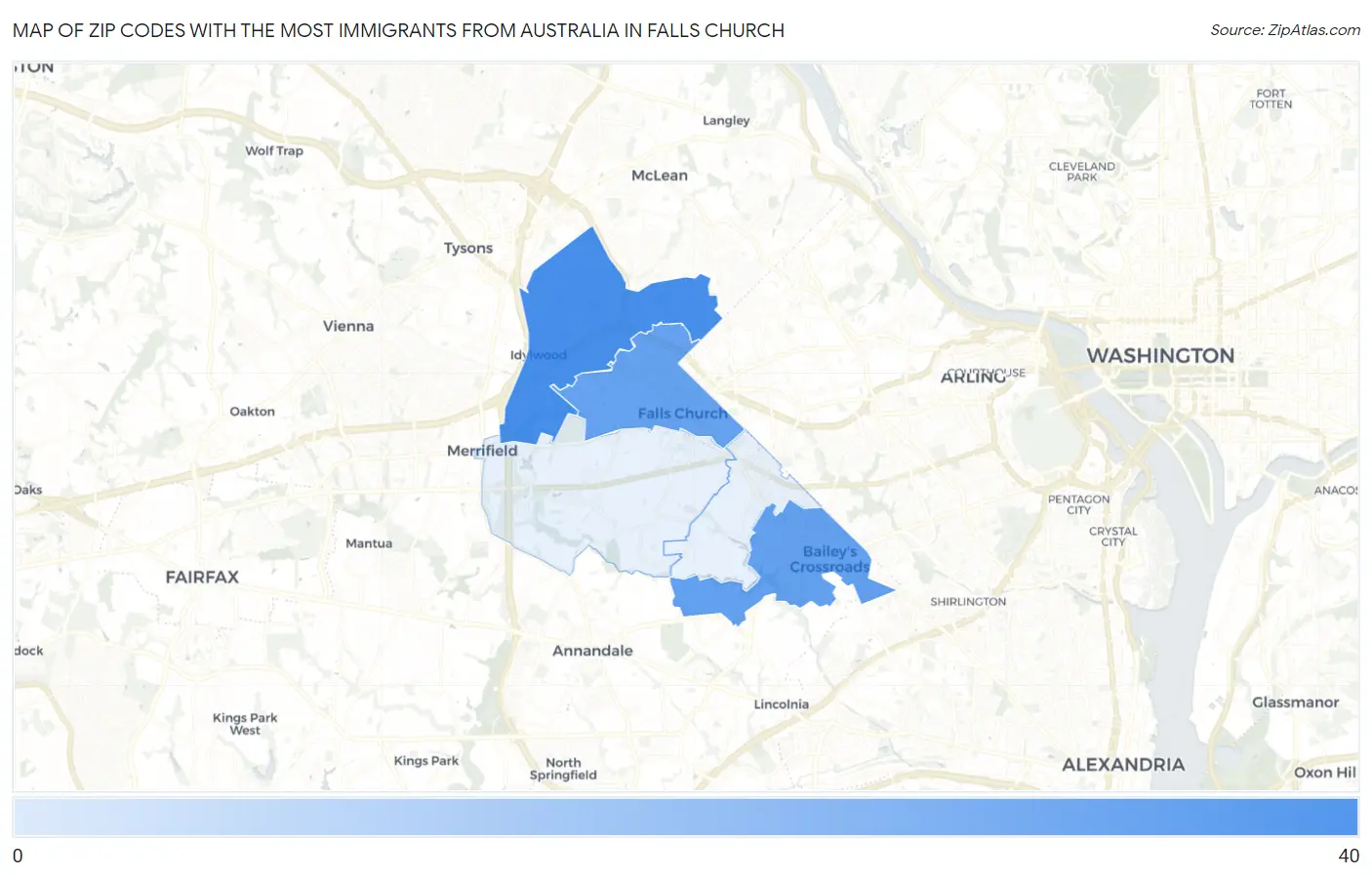 Zip Codes with the Most Immigrants from Australia in Falls Church Map