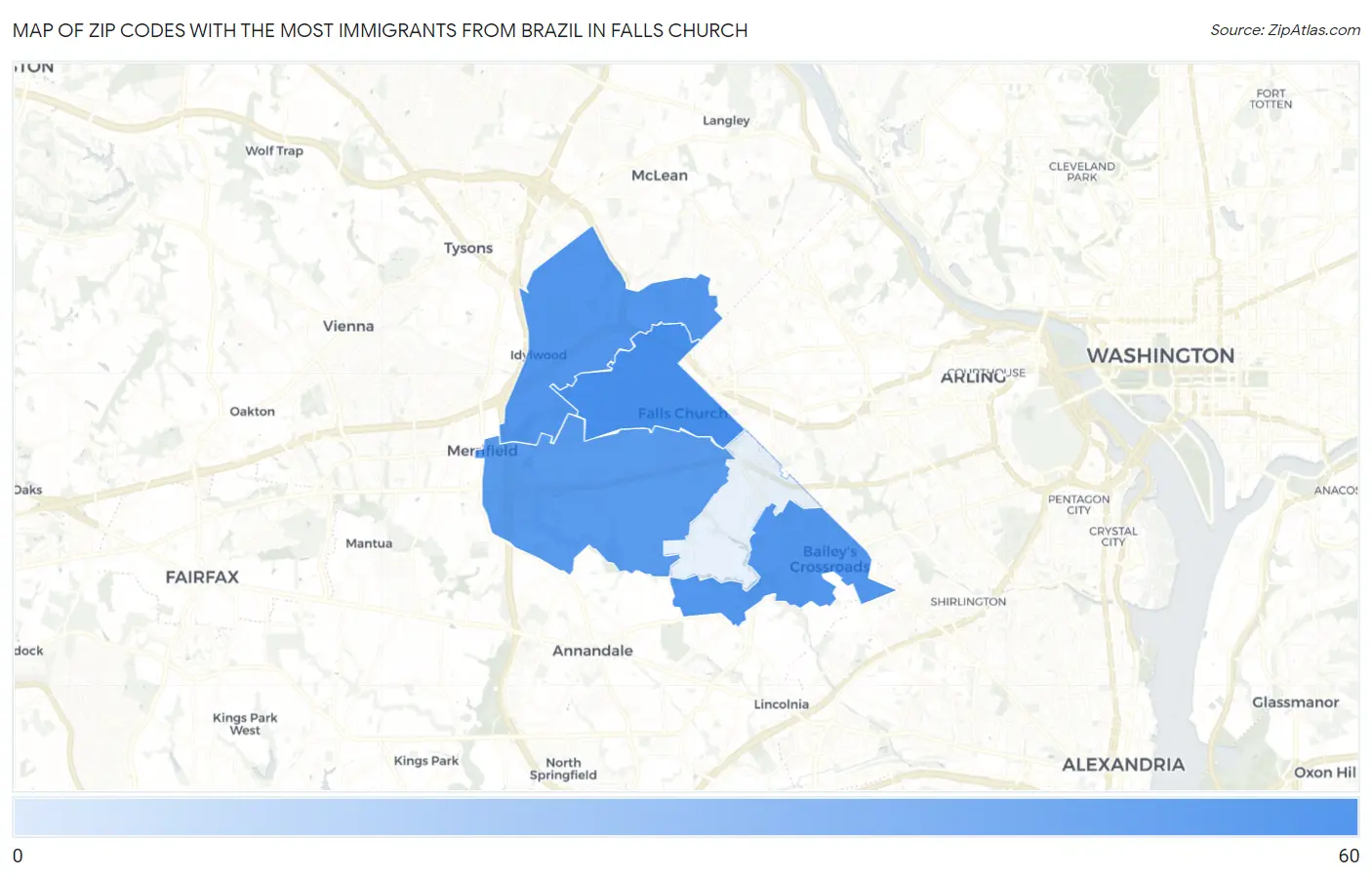 Zip Codes with the Most Immigrants from Brazil in Falls Church Map