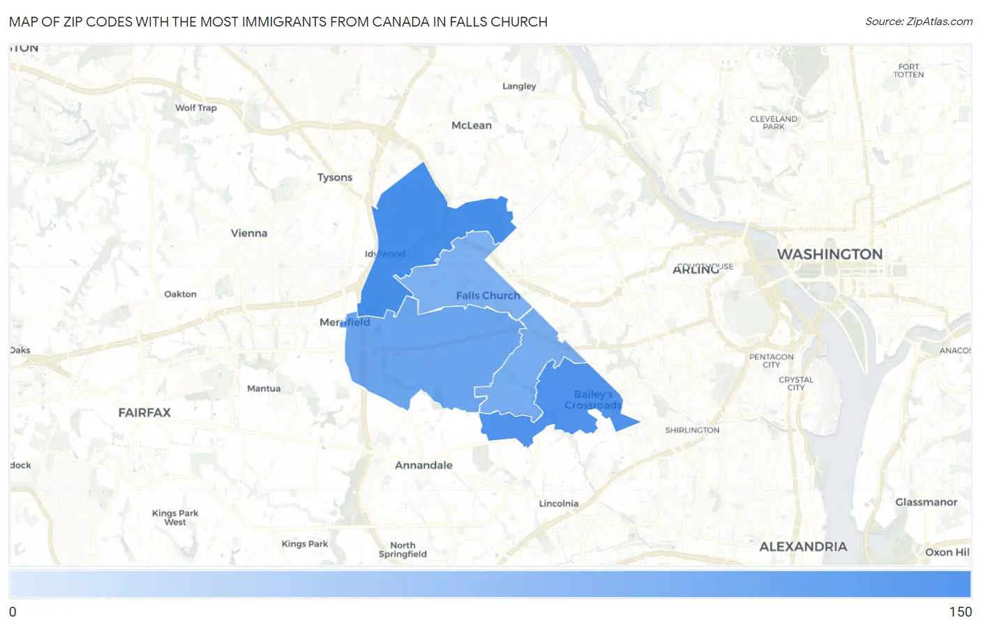 Zip Codes with the Most Immigrants from Canada in Falls Church Map