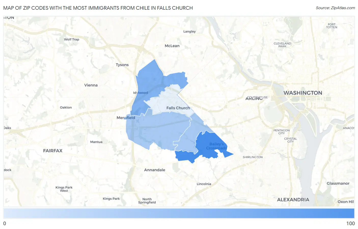 Zip Codes with the Most Immigrants from Chile in Falls Church Map