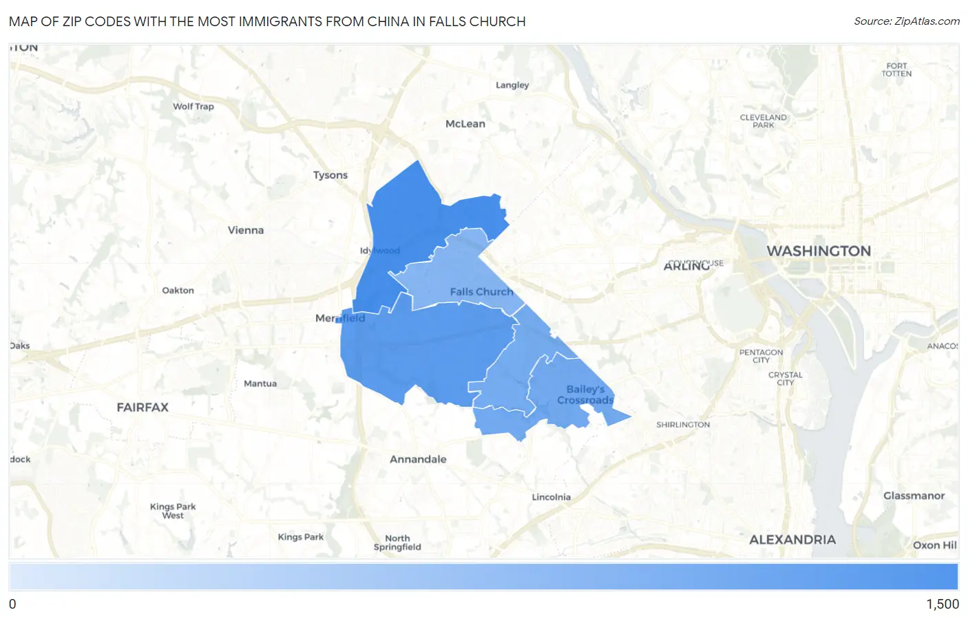 Zip Codes with the Most Immigrants from China in Falls Church Map