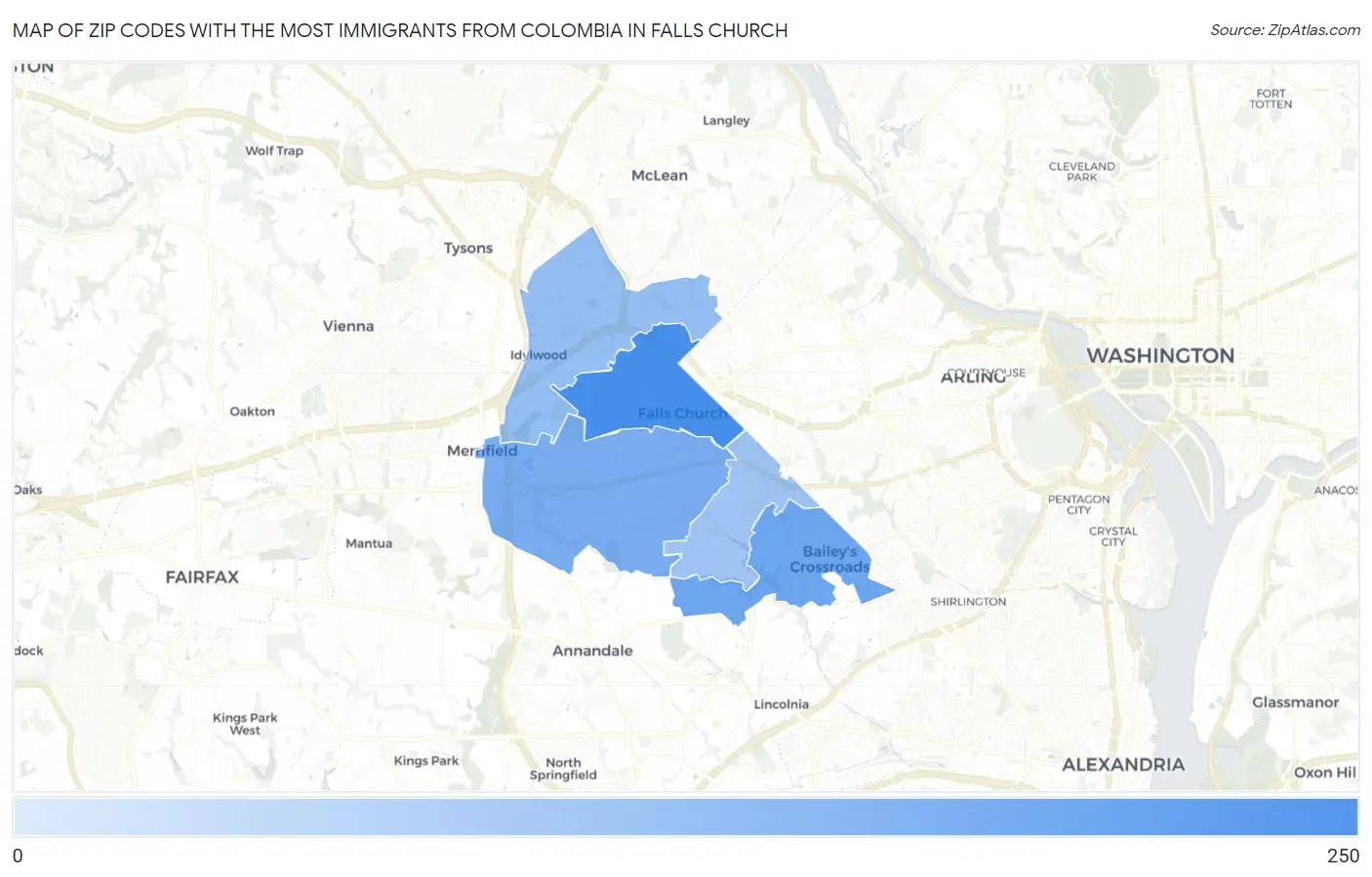 Zip Codes with the Most Immigrants from Colombia in Falls Church Map