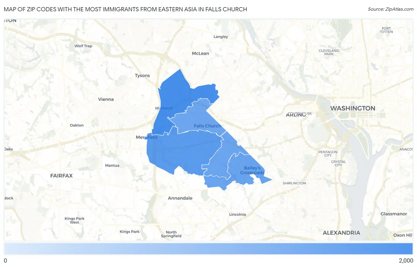 Zip Codes with the Most Immigrants from Eastern Asia in Falls Church Map
