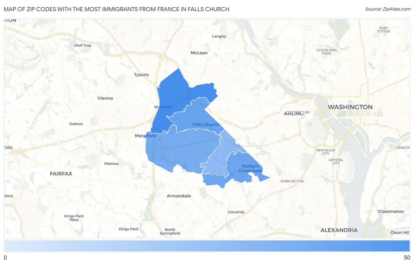 Zip Codes with the Most Immigrants from France in Falls Church Map
