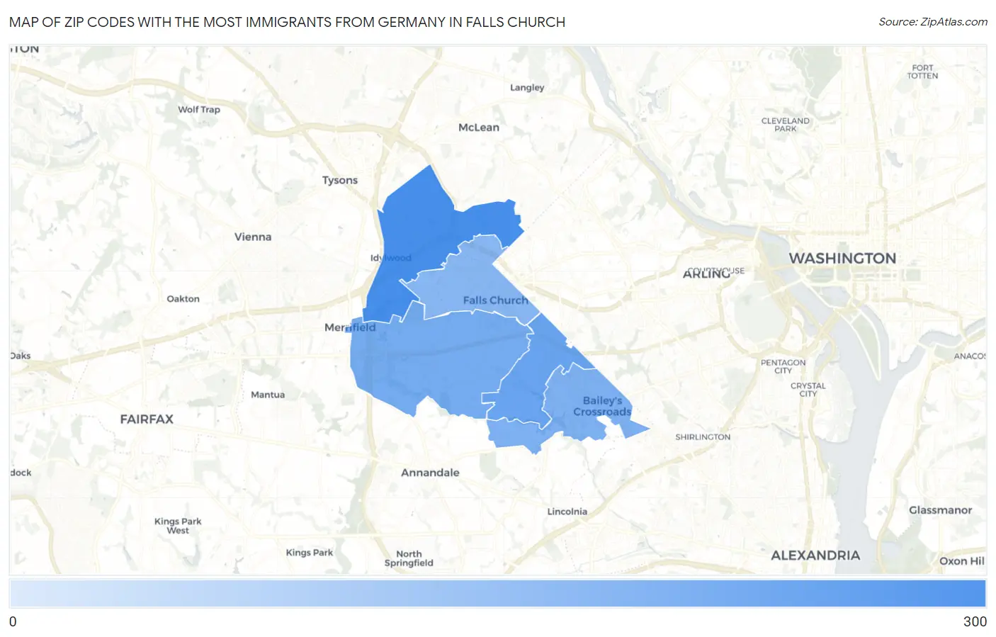 Zip Codes with the Most Immigrants from Germany in Falls Church Map