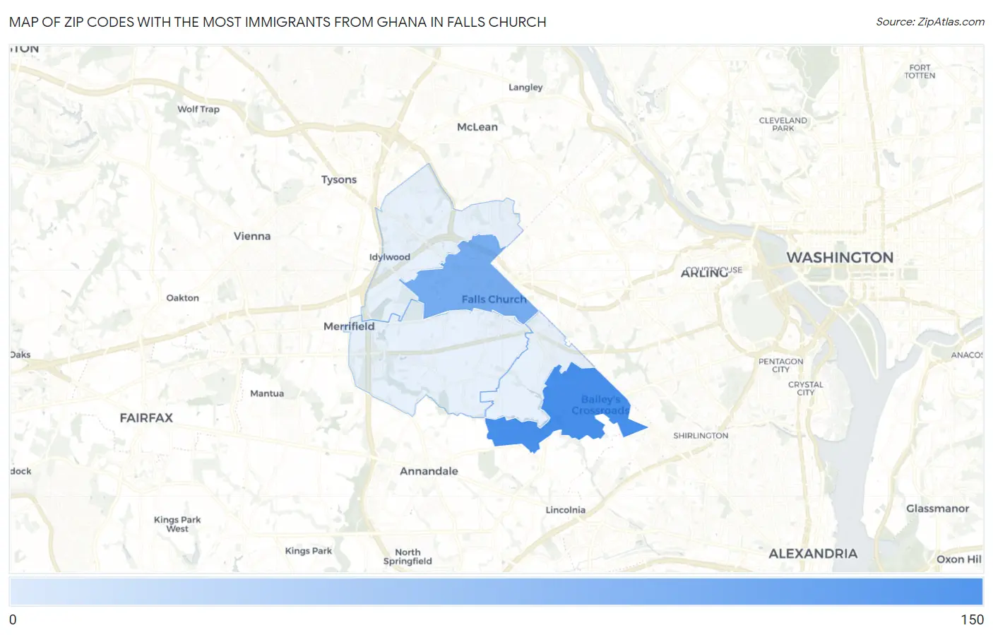 Zip Codes with the Most Immigrants from Ghana in Falls Church Map