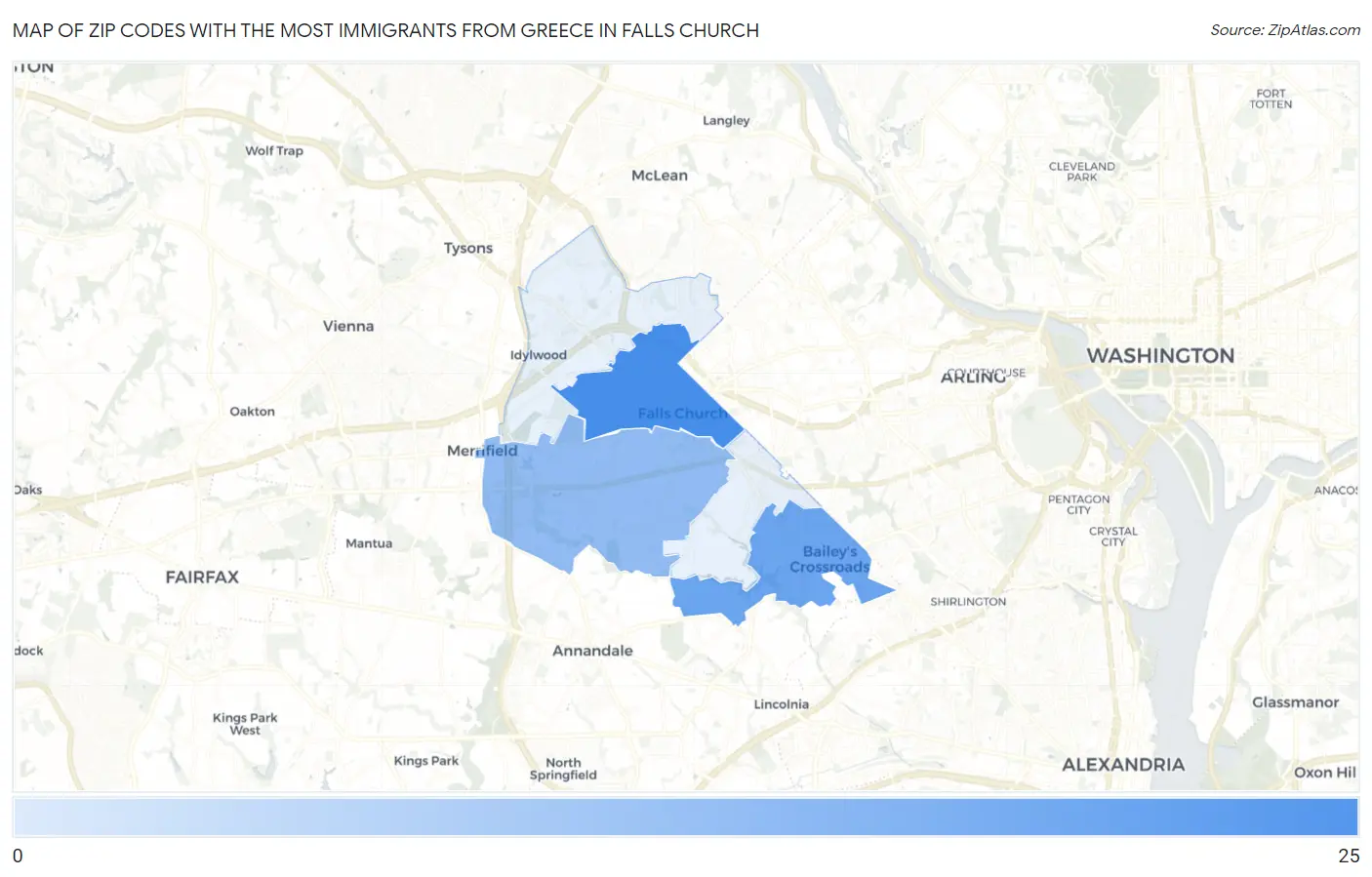 Zip Codes with the Most Immigrants from Greece in Falls Church Map